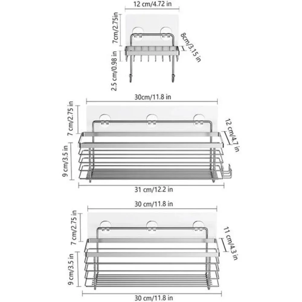 Shower Organizer with Hooks Stainless Steel Rustproof Adhesive Chrome, Silver